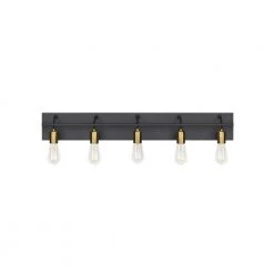 Tae 36 in. W 5-Light Black Industrial Metal Bathroom Vanity Light with Aged Brass Socket Cups and Black Cords by LBL Lighting