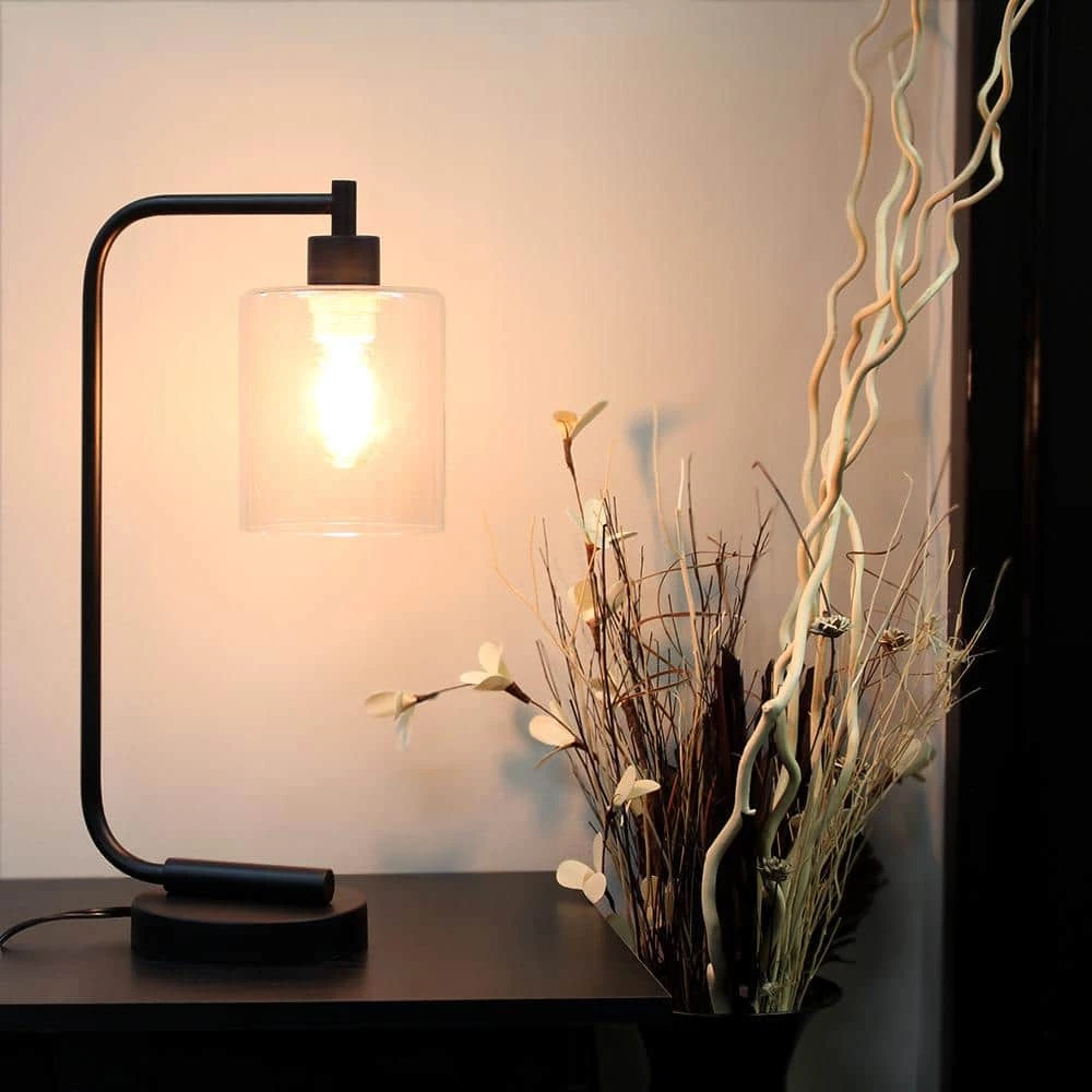 19 in. Bronson Antique Style Black Industrial Iron Lantern Desk Lamp with Glass Shade by Simple Designs 14 19 in. Bronson Antique Style Black Industrial Iron Lantern Desk Lamp with Glass Shade by Simple Designs - Image 14