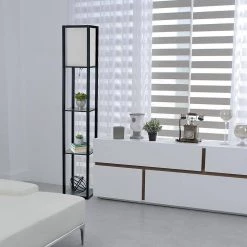 63.3 in. Etagere Black Floor Lamp Organizer Storage Shelf with Linen Shade by Simple Designs -Simple Designs Online Shop black simple designs floor lamps lf1014 blk 1f 1000
