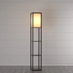 63.3 in. Etagere Black Floor Lamp Organizer Storage Shelf with Linen Shade by Simple Designs -Simple Designs Online Shop black simple designs floor lamps lf1014 blk d4 1000