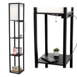 62.5 in. Black Floor Lamp Etagere Organizer Storage Shelf with 2 USB Charging Ports, 1 Charging Outlet and Linen Shade by Simple Designs