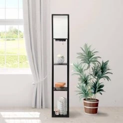 62.5 in. Black Floor Lamp Etagere Organizer Storage Shelf with 2 USB Charging Ports, 1 Charging Outlet and Linen Shade by Simple Designs -Simple Designs Online Shop black simple designs floor lamps lf1037 blk 76 1000