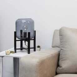 13.38 in. Black Wood Mounted Table Lamp with Cylinder Glass Shade by Simple Designs -Simple Designs Online Shop black simple designs table lamps lt1068 smk 31 1000