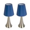 11.5 in. Brushed Nickel Mini Touch Table Lamp Set with Blue Fabric Shades (2-Pack) by Simple Designs