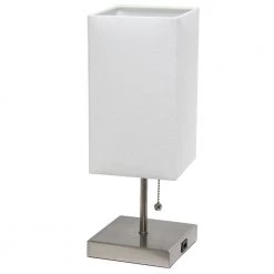 14.25 in. Brushed Nickel Petite Stick Lamp with USB Charging Port and White Fabric Shade by Simple Designs