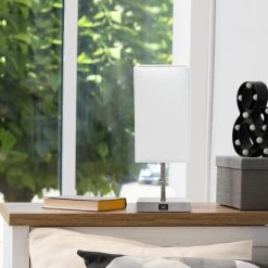 14.25 in. Brushed Nickel Petite Stick Lamp with USB Charging Port and White Fabric Shade by Simple Designs 14 14.25 in. Brushed Nickel Petite Stick Lamp with USB Charging Port and White Fabric Shade by Simple Designs -Simple Designs Online Shop brushed nickel simple designs table lamps lt1087 wht 76 1000