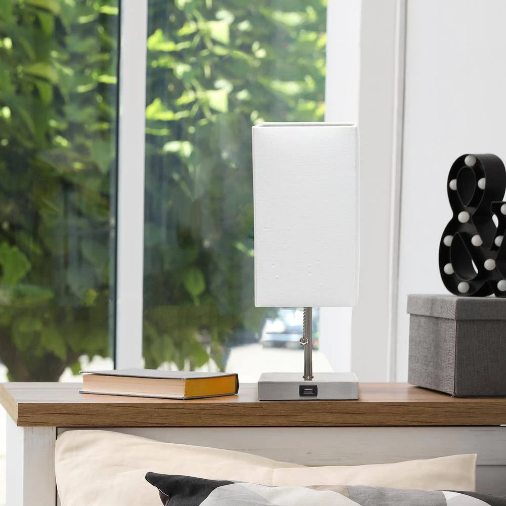 14.25 in. Brushed Nickel Petite Stick Lamp with USB Charging Port and White Fabric Shade by Simple Designs 7 14.25 in. Brushed Nickel Petite Stick Lamp with USB Charging Port and White Fabric Shade by Simple Designs - Image 7