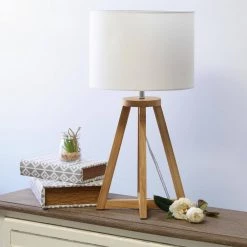 19 in. Natural Wood Interlocked Triangular Table Lamp with White Fabric Shade by Simple Designs -Simple Designs Online Shop natural wood and white simple designs table lamps lt1069 nwh fa 1000