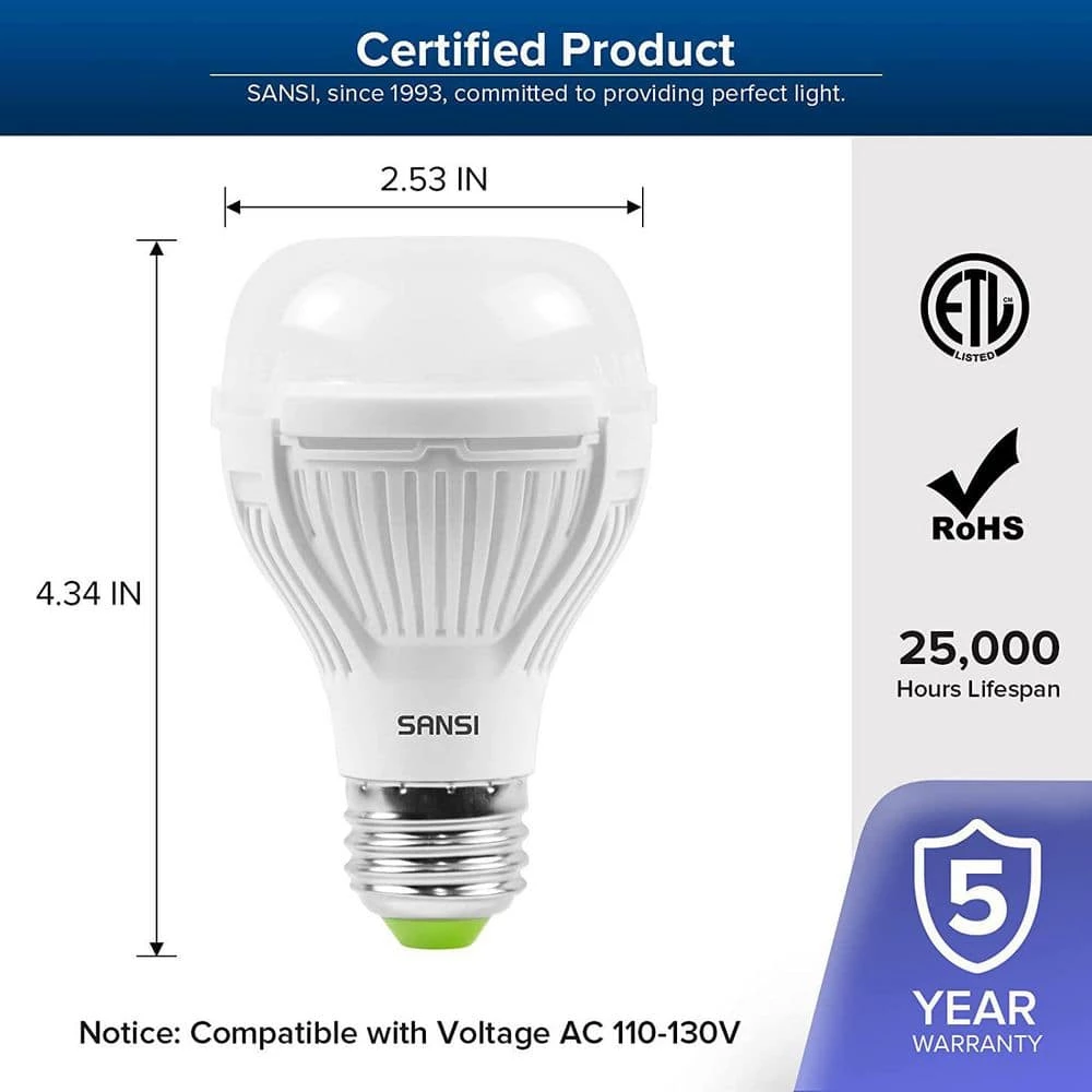 100-Watt Equivalent A19 Energy Saving Non-Dimmable LED Light Bulb 5000K Daylight (4-Pack) by SANSI 2 100-Watt Equivalent A19 Energy Saving Non-Dimmable LED Light Bulb 5000K Daylight (4-Pack) by SANSI - Image 2