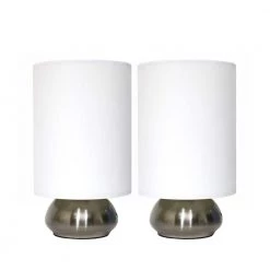 9 in. Brushed Steel Base and Ivory White Two (2) Pack Mini Touch Lamp with Fabric Shades by Simple Designs