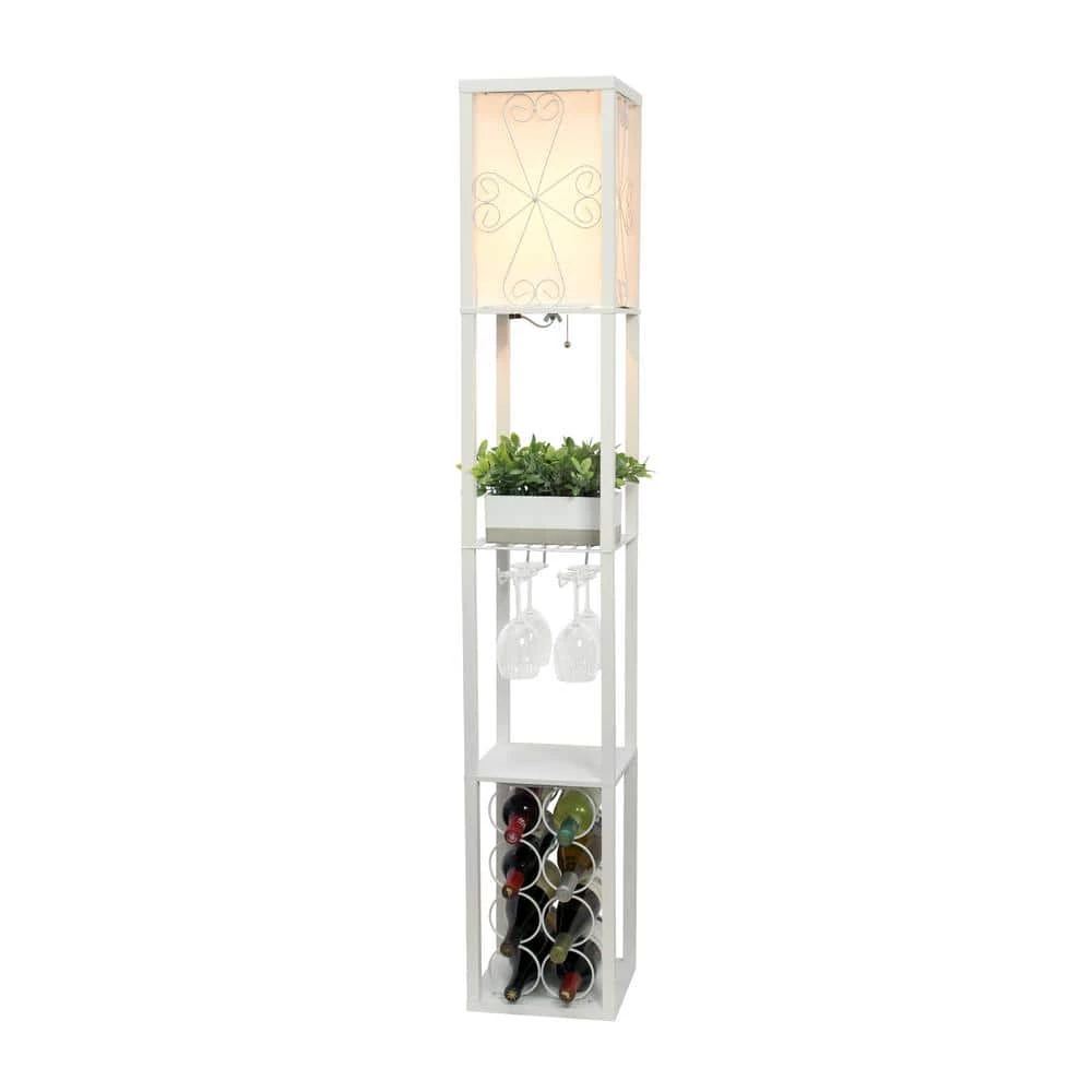 62.75 in. White Floor Lamp Etagere Organizer Storage Shelf and Wine Rack with Linen Shade by Simple Designs 4 62.75 in. White Floor Lamp Etagere Organizer Storage Shelf and Wine Rack with Linen Shade by Simple Designs - Image 4