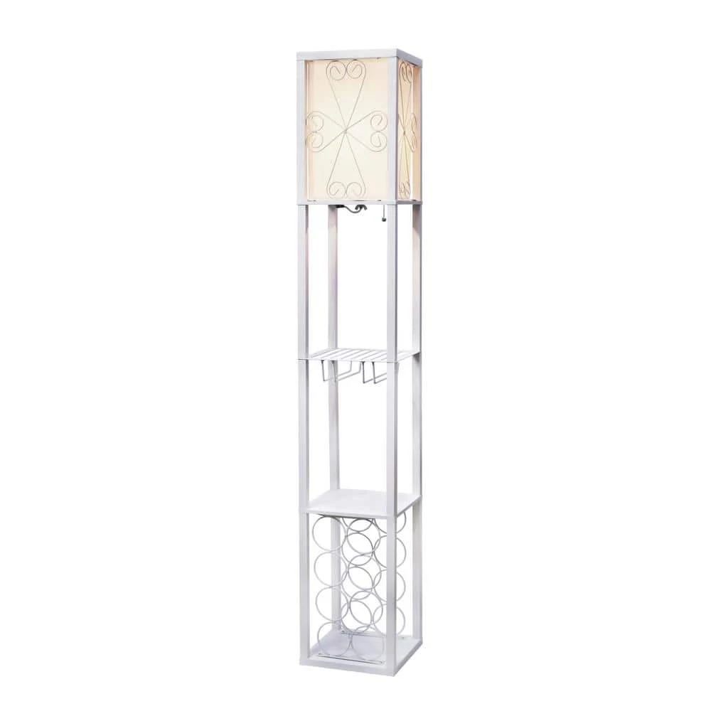 62.75 in. White Floor Lamp Etagere Organizer Storage Shelf and Wine Rack with Linen Shade by Simple Designs 2 62.75 in. White Floor Lamp Etagere Organizer Storage Shelf and Wine Rack with Linen Shade by Simple Designs - Image 2