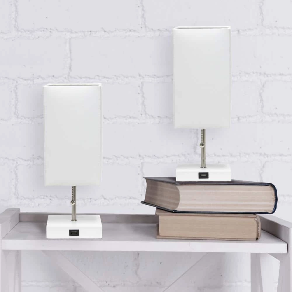 14.25 in. Petite White Stick Lamp with USB Charging Port and White Fabric Shade Set (2-Pack) by Simple Designs 4 14.25 in. Petite White Stick Lamp with USB Charging Port and White Fabric Shade Set (2-Pack) by Simple Designs - Image 4