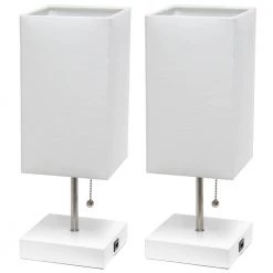 14.25 in. Petite White Stick Lamp with USB Charging Port and White Fabric Shade Set (2-Pack) by Simple Designs