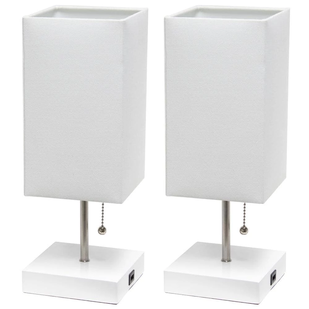 14.25 in. Petite White Stick Lamp with USB Charging Port and White Fabric Shade Set (2-Pack) by Simple Designs 1 14.25 in. Petite White Stick Lamp with USB Charging Port and White Fabric Shade Set (2-Pack) by Simple Designs