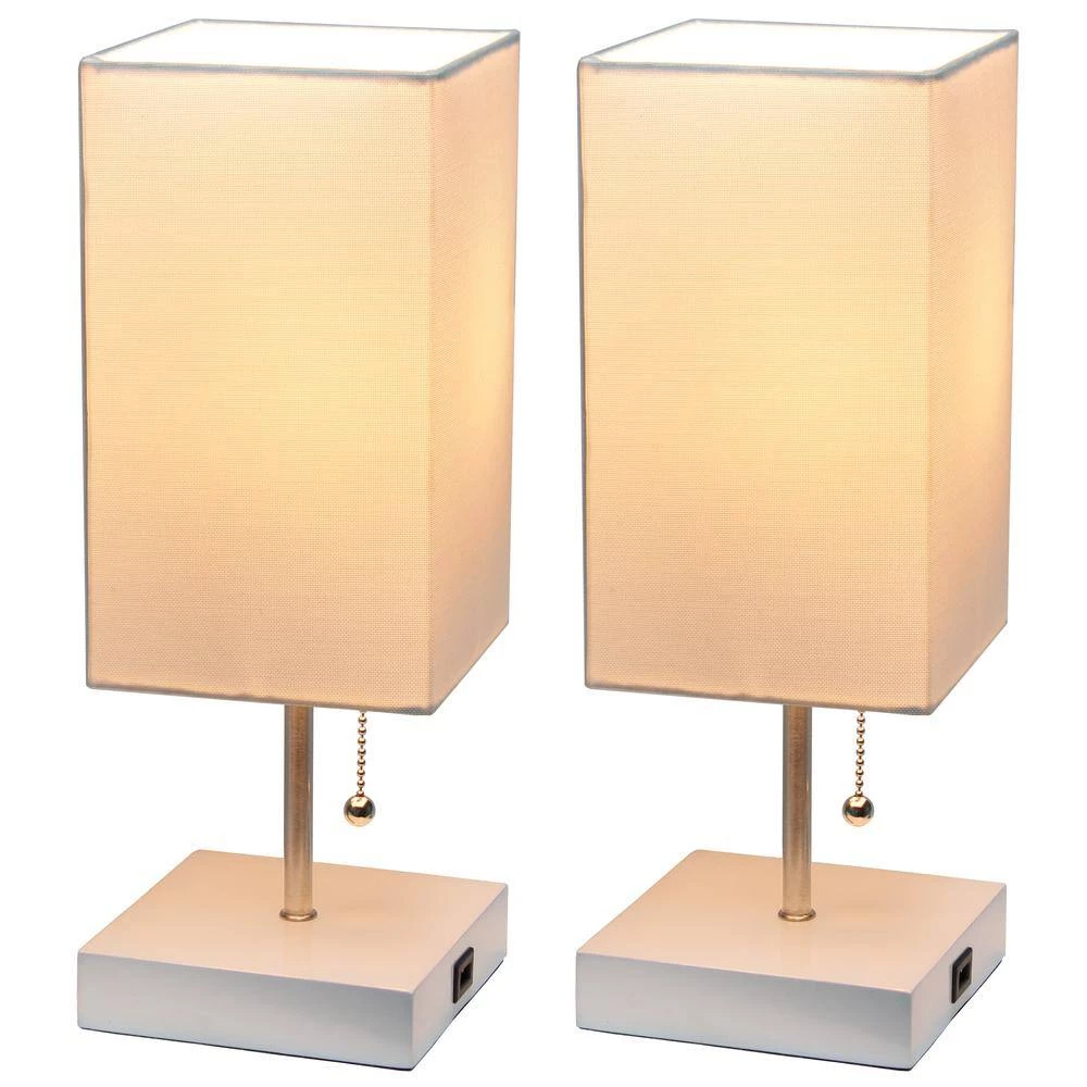 14.25 in. Petite White Stick Lamp with USB Charging Port and White Fabric Shade Set (2-Pack) by Simple Designs 2 14.25 in. Petite White Stick Lamp with USB Charging Port and White Fabric Shade Set (2-Pack) by Simple Designs - Image 2