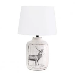 17 in. 1-Light Rustic Deer Buck Nature Printed Ceramic Farmhouse Accent Table Lamp with Fabric Shade by Simple Designs
