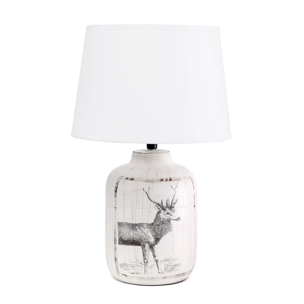17 in. 1-Light Rustic Deer Buck Nature Printed Ceramic Farmhouse Accent Table Lamp with Fabric Shade by Simple Designs 1 17 in. 1-Light Rustic Deer Buck Nature Printed Ceramic Farmhouse Accent Table Lamp with Fabric Shade by Simple Designs